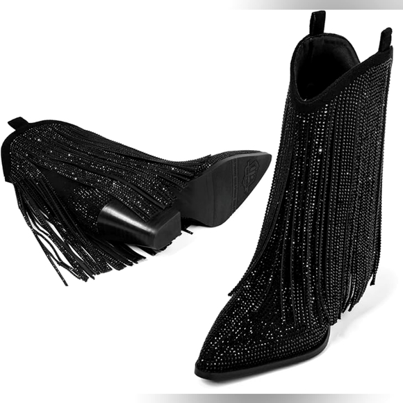 Black Rhinestone Fringe Boho Festival Western Boots - Picture 6 of 8